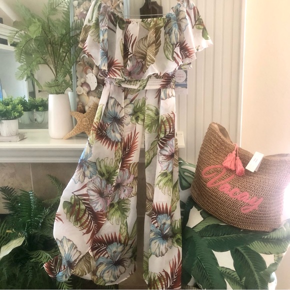 NWT! Tropical Summer Sheer Open Leg Palazzo Pants + Midriff Sz Medium - Picture 1 of 9